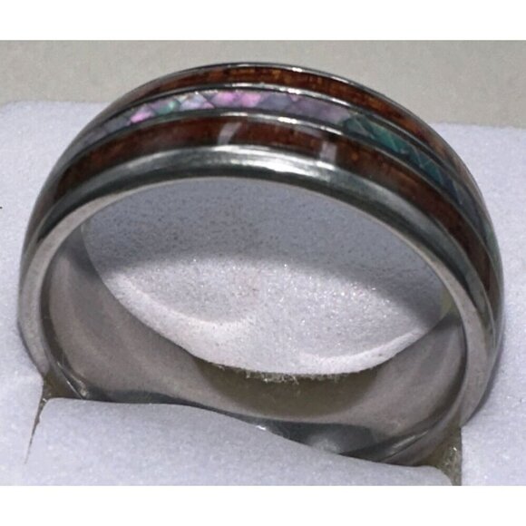 Mens Tungsten Carbide Ring With Wood & Opal Inlay Durable & Stylish Design - Picture 1 of 14